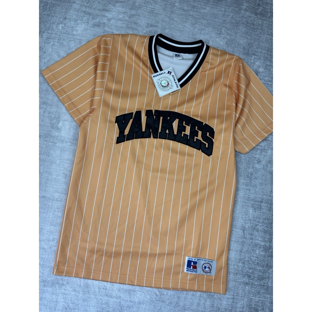 New York Yankees Jersey Mens‎ Medium Orange Stripped Pullover Vtg 90s Russell